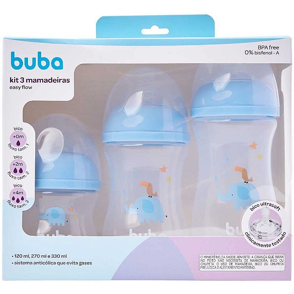Kit 3 Mamadeiras Buba Easy Flow BPA Free Elefante Azul