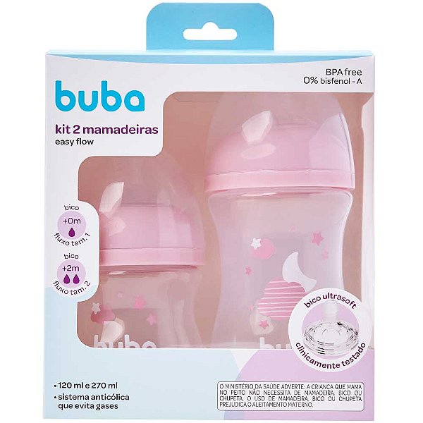 Kit 2 Mamadeiras Buba Easy Flow Nuvem Rosa 120/270ml 0%Bpa