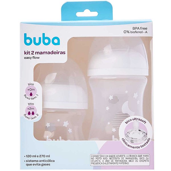 Kit 2 Mamadeiras Buba Easy Flow Nuvem Branca 120/270ml 0%Bpa