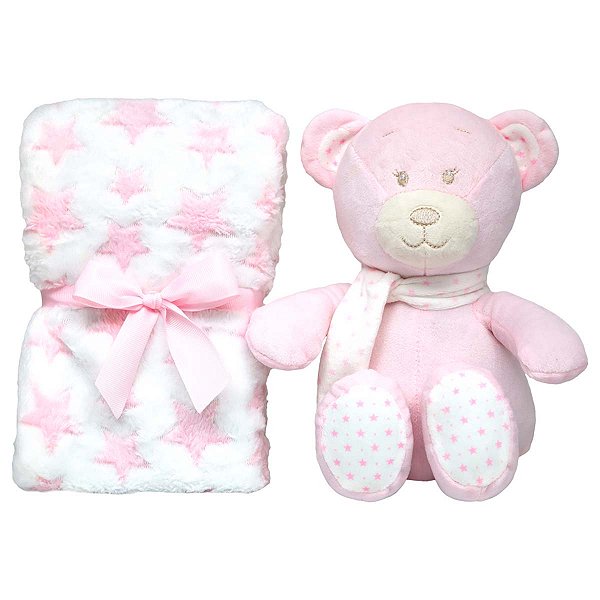Kit Ursinho Com Mantinha Soninho Buba Rosa Hipoalergênico