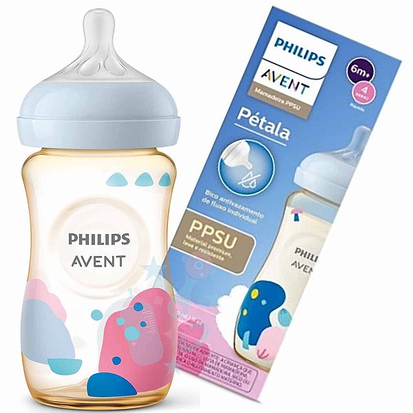 Mamadeira Avent Pétala Ppsu Azul E Rosa 330ml 6m+ Bico N°4
