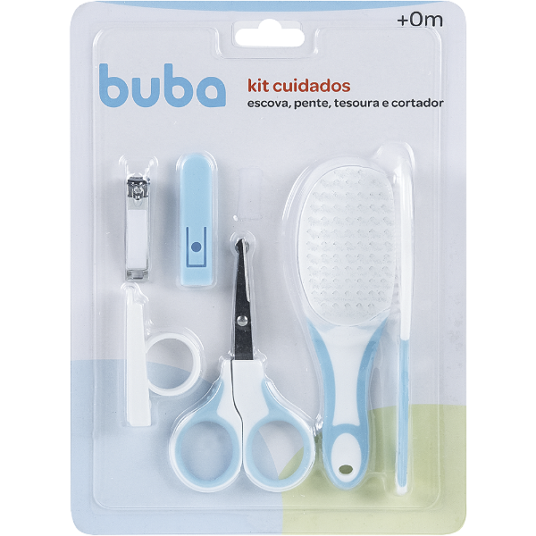 Kit Cuidados Bebê Buba Escova Pente Tesoura Cortador Azul