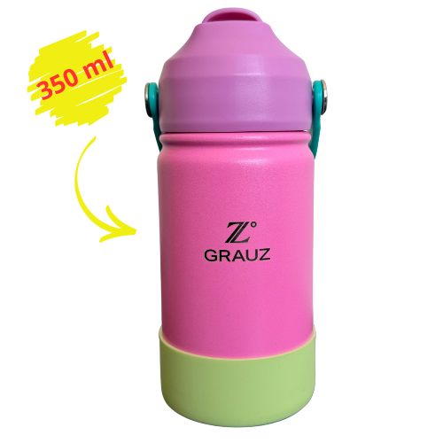 GARRAFA TÉRMICA KIDS GRAUZ ROSA 350 ML COM TAMPA E CANUDO