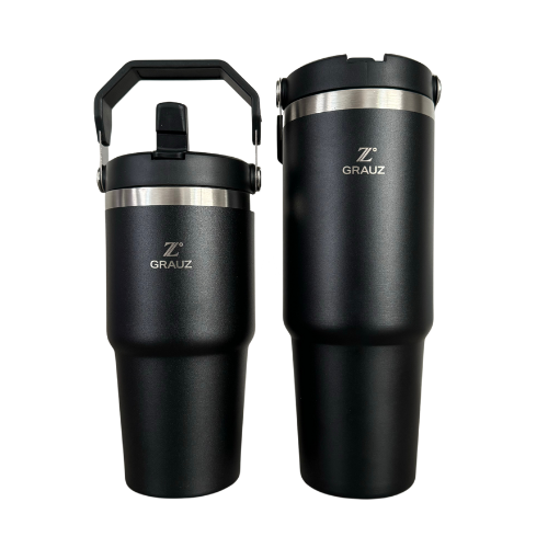 COPO TÉRMICO GRAUZ PRETO 600ml | 900ml COM TAMPA E CANUDO DOBRÁVEL