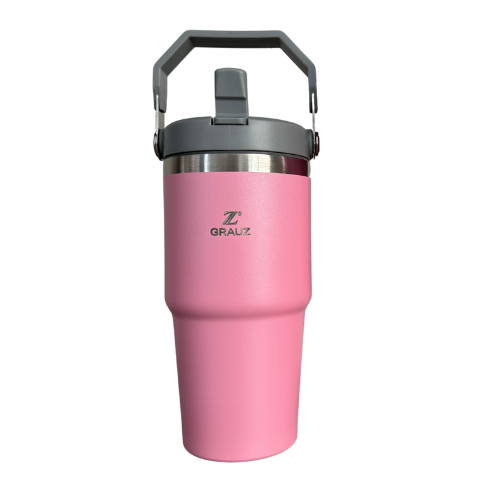 COPO TÉRMICO GRAUZ ROSA CLARO 600ml COM TAMPA E CANUDO DOBRÁVEL