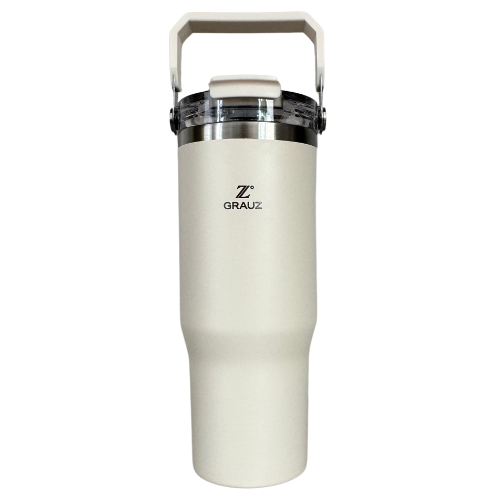COPO TÉRMICO GRAUZ OFF WHITE 900ml COM TAMPA E CANUDO DOBRÁVEL