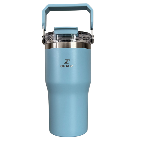 COPO TÉRMICO GRAUZ AZUL CLARO 600ml COM TAMPA E CANUDO DOBRÁVEL