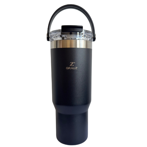 COPO TÉRMICO GRAUZ PRETO 900 ml COM TAMPA E CANUDO DOBRÁVEL