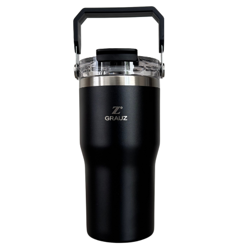 COPO TÉRMICO GRAUZ PRETO 600ml COM TAMPA E CANUDO DOBRÁVEL