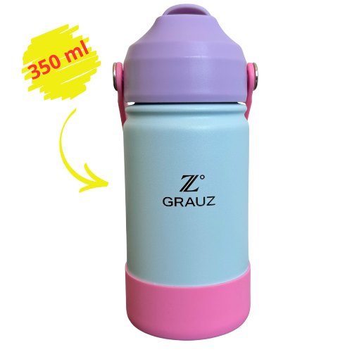GARRAFA TÉRMICA KIDS GRAUZ AZUL E ROSA 350 ML COM TAMPA E CANUDO