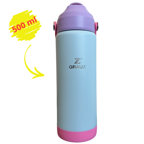 GARRAFA TÉRMICA KIDS GRAUZ AZUL E ROSA 500 ML COM TAMPA E CANUDO
