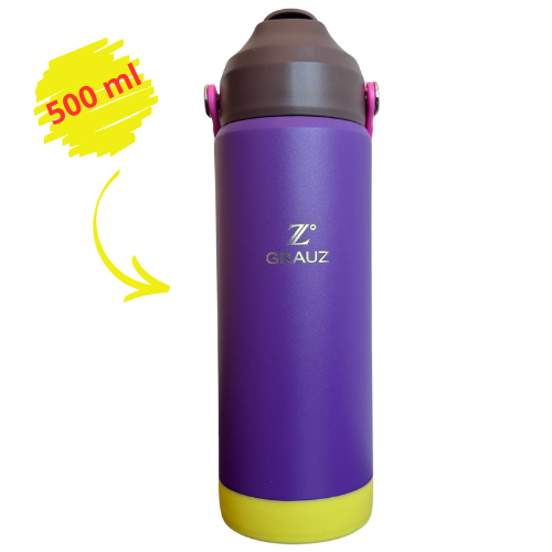 GARRAFA TÉRMICA KIDS GRAUZ ROXA 500 ML COM TAMPA E CANUDO