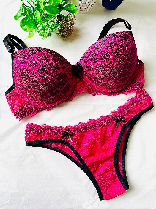 Conjunto de Renda, Sutiã e Calcinha, Pink com Preto