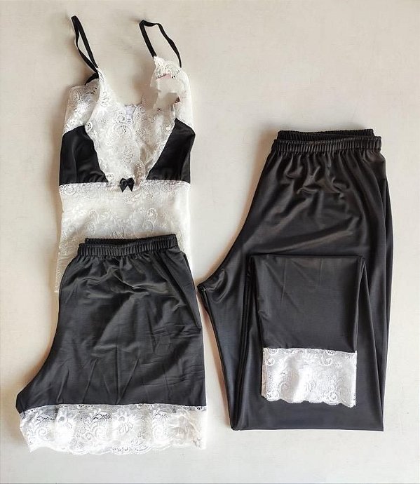 KIT DE PIJAMA - 03 PEÇAS TOP, CALÇA E SHORTS  -  SOPHIA LUXO