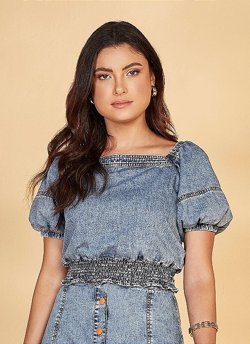 BLUSA JEANS C/ RECORTES E LASTEX - 26822