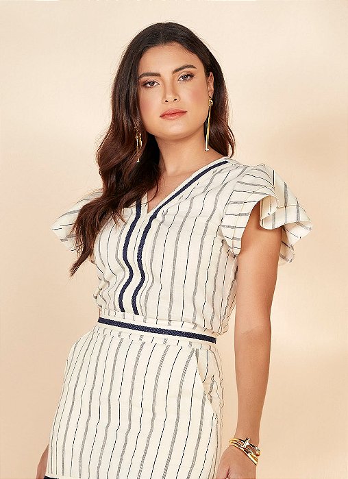 26956 BLUSA TECIDO PLANO LISTRADO C/ AVIAMENTO