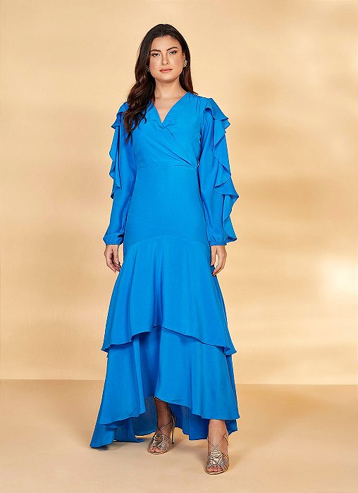 VESTIDO LONGO PLANO AZUL COM BABADOS 26898