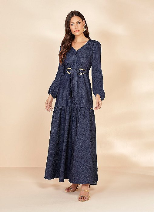 VESTIDO LONGO JEANS C/ FAIXA E FIVELAS 26960