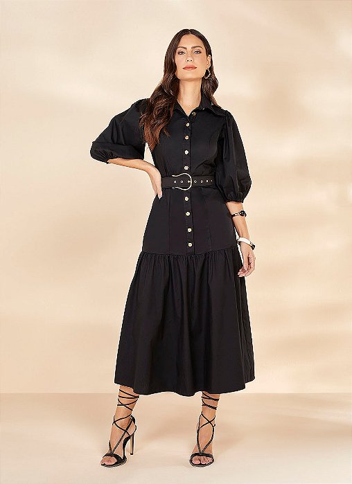 26600 VESTIDO TRICOLINE PRETO C/ BOTÕES 130CM