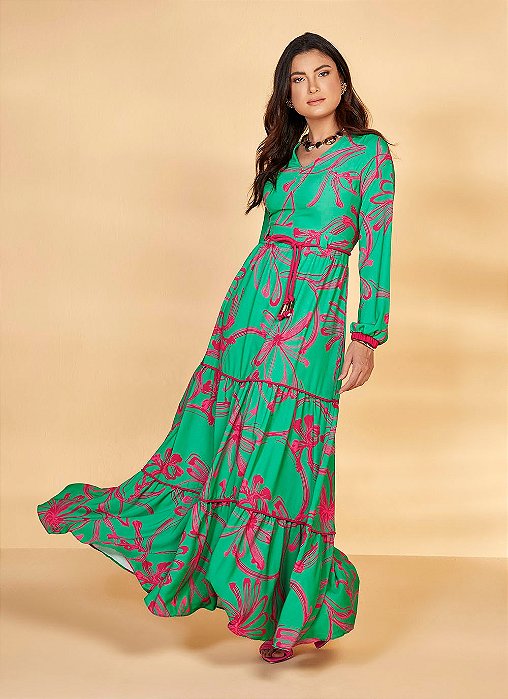 26851 VESTIDO LONGO CREPE ESTAMPADO C/ VIVO ROSA