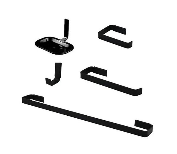 Kit de Acessórios para Banheiro com 5 peças Quadrado Preto Inox e Alumínio
