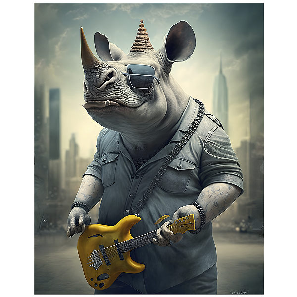 QUADRO DE METAL G - RINOCERONTE TOCANDO GUITARRA