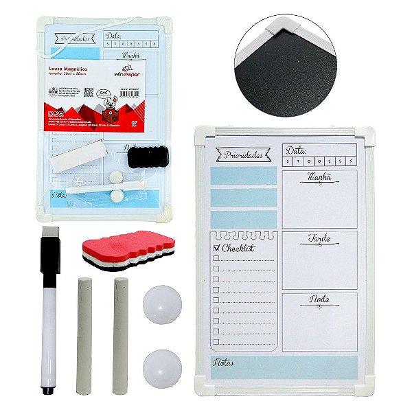 Lousa Magnética 2 em 1 C/ Quadro Negro 2 Imãs + 2 Giz + Caneta e Apagador