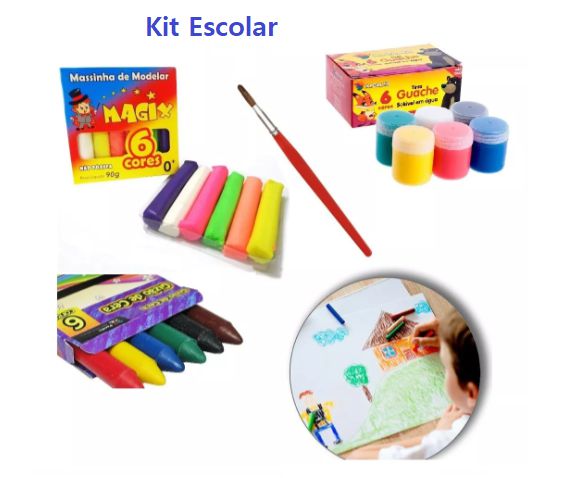 Kit Material Escolar Guache Pincel Massinha Giz De Cera