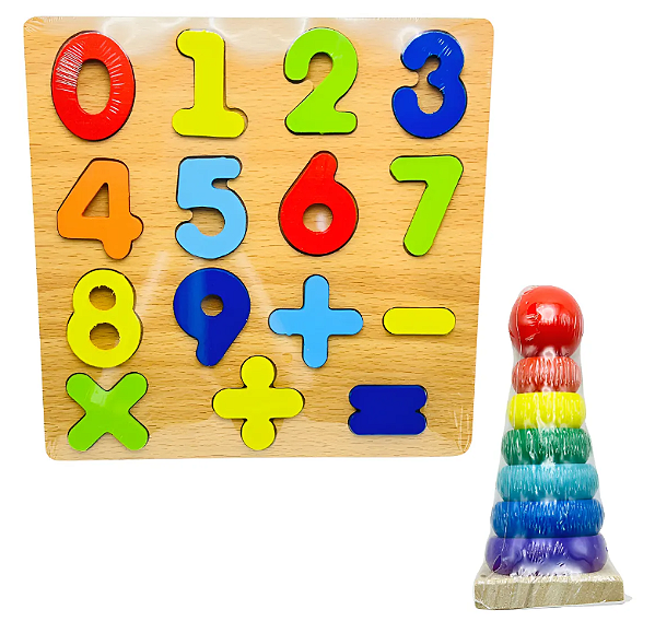 Jogo Tabuleiro Numerico + Jogo enxaixe de argola em Madeira Infantil Montessori