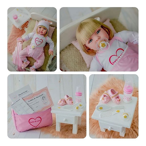 Boneca Tipo Reborn Realista 53cm com Enxoval Loira