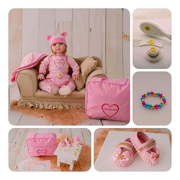 Boneca Princesa Tipo Reborn 50cm Com Enxoval e Bolsa Loira