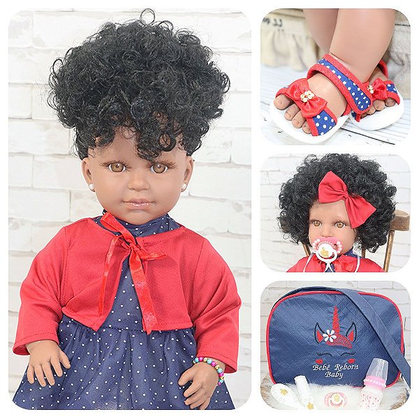Boneca Reborn Negra Realista com Bolsa