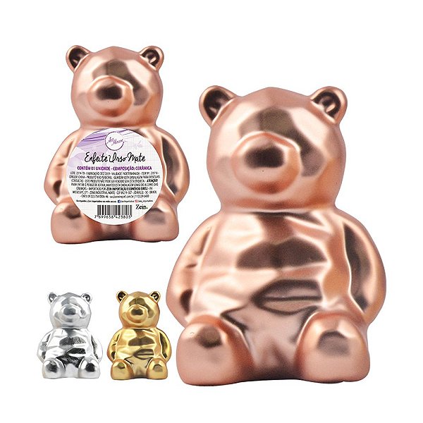 Miniatura De Cerâmica 9 Cm Metalizado Ursinho Para Decoração