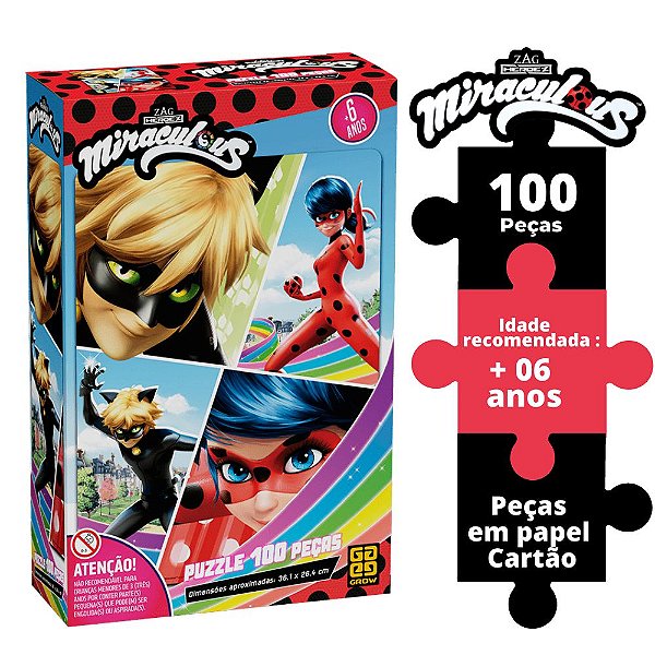 Puzzle Desenho Miraculous Exercício e Raciocínio 100 Peças