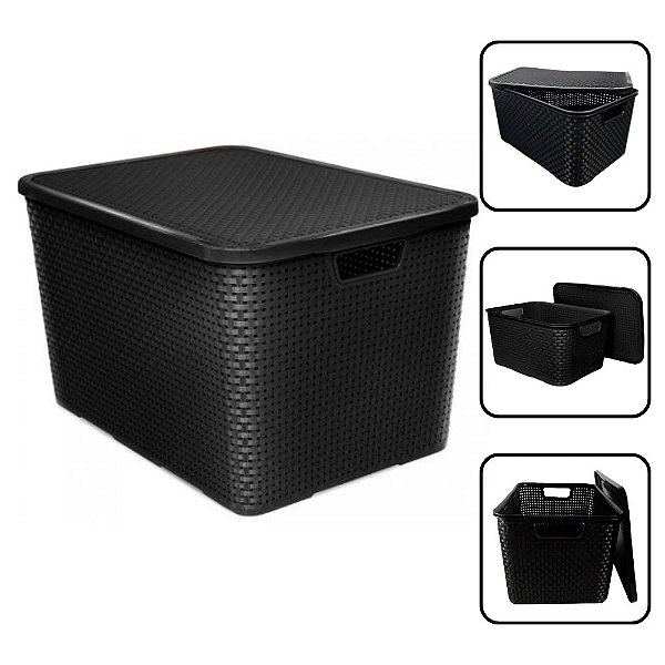Organizador Rattan Cesto Preto Com Tampa Caixa 40 Litros