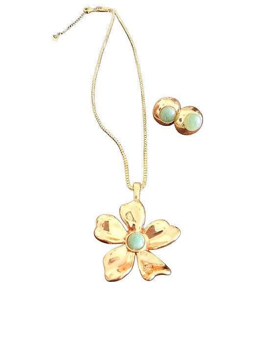 Conjunto Flor Banhado a Ouro com Pedra Verde Natural – Anaara’s