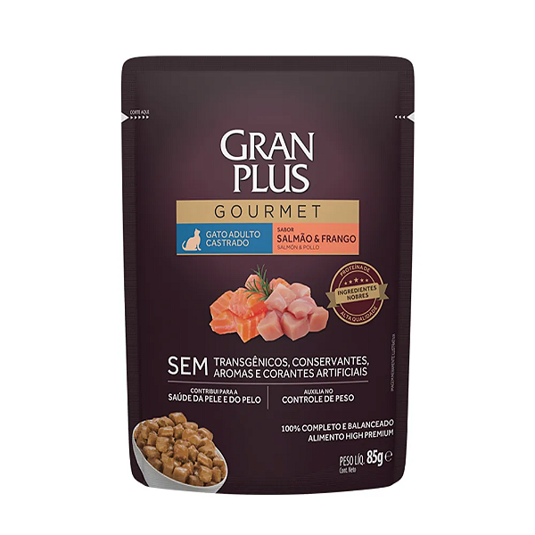 Ração Úmida Sachê Gran Plus Gourmet Gatos Castrados Salmão e Frango 85g