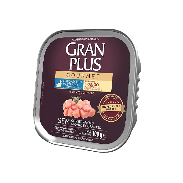 Ração Úmida Gran Plus Gourmet Patê Gatos Castrados Frango 100g