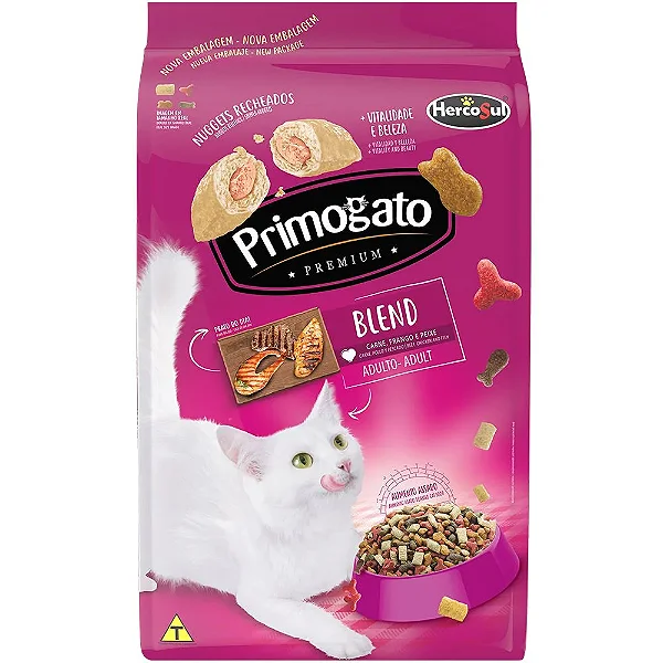 Ração Primogato Premium Blend Carne, Frango e Peixe para Gatos Adultos