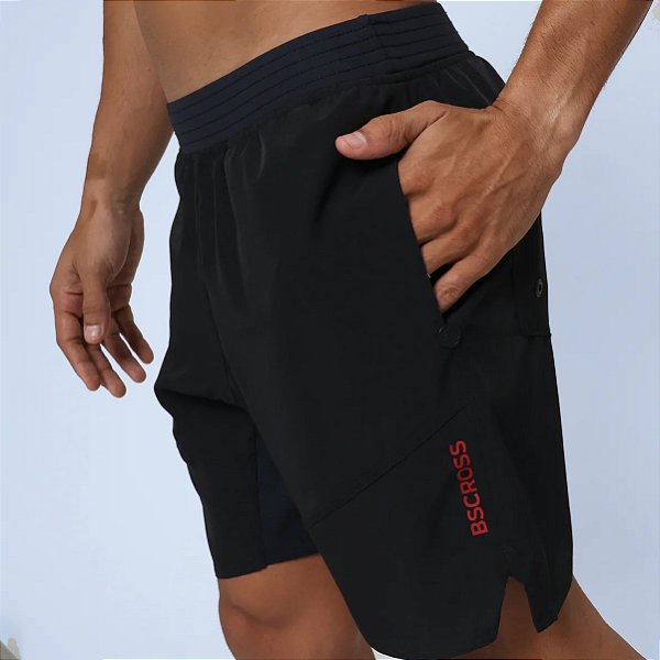 Bermuda Recortes Bscross Zíper - Preto/Vermelho