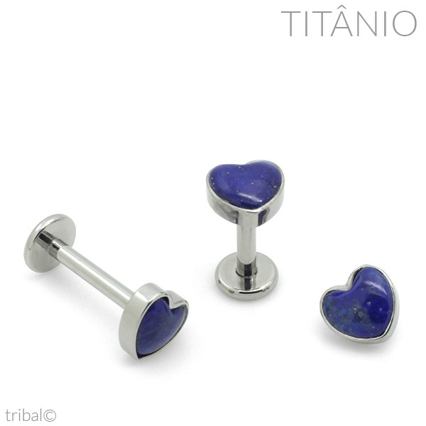 Piercing Labret Coração Pedra Lápis Lazuli Titânio