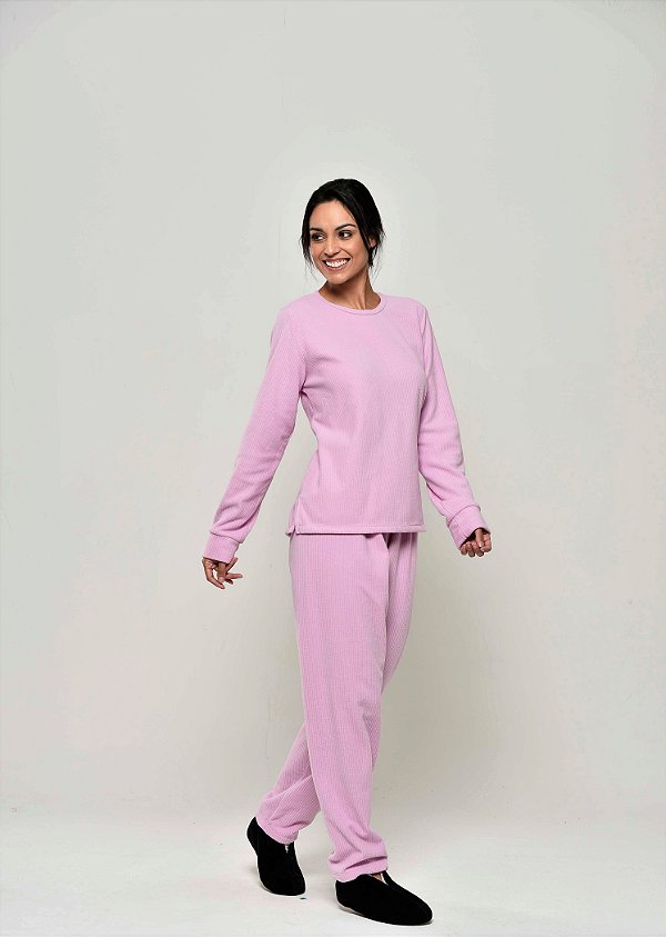 Pijama Longo em Microsoft Canelado Bel Rosa 11016