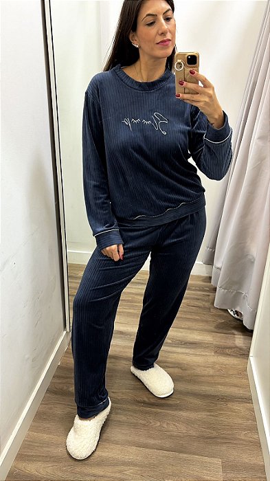Pijama Fleece Canelado Sleep Azul 11460