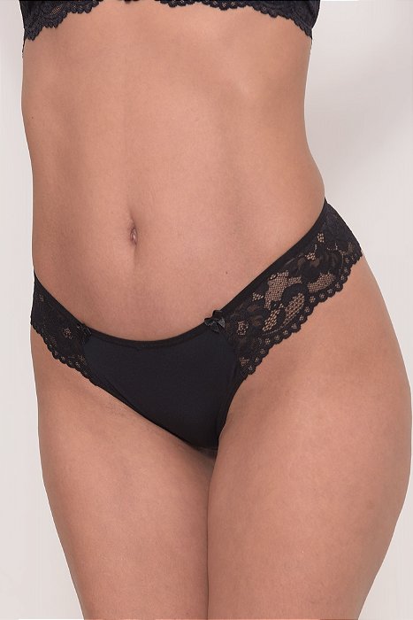 Calcinha Biquini Fio em Microfibra e Renda Ana Preto 11573