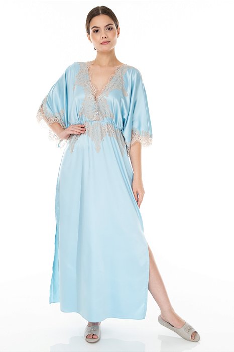 Camisola Longa em Cetim Dull e Renda Chantilly Paz 11629