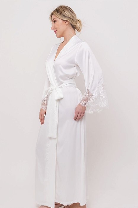 Robe Longo em Cetim Dull e Renda Aplicada Off White 11634