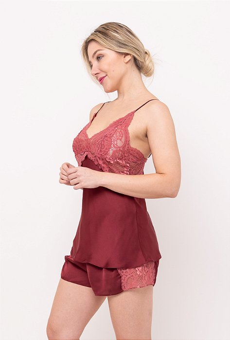 Pijama Short Doll em Cetim Dull e Renda Bordo 11636