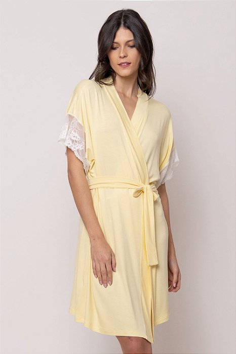 Robe Curto Transpassado Viscolycra e Renda Amarelo 11638
