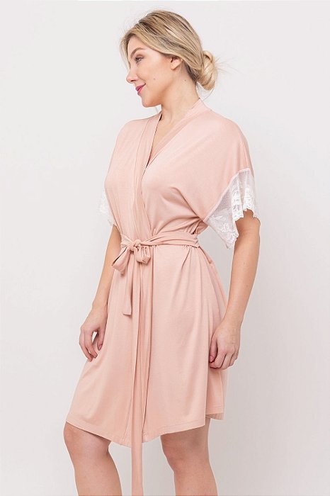 Robe Curto Transpassado Viscolycra e Renda Rosa 11638