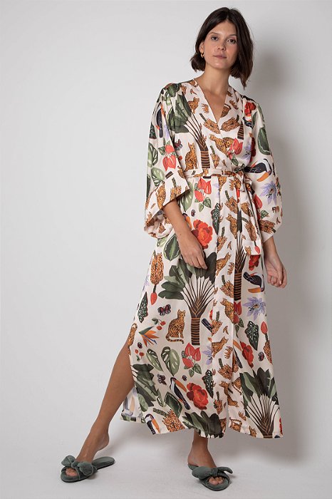 Kimono Longo em Cetim Dull Estampado Colorido 11639